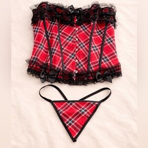 Plus Size Corset Lingerie Set Red Black Lace Bustier & Thong Coquette